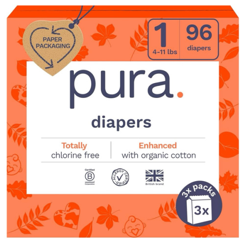 Pura Hypoallergenic Diapers, Size 1 (4-11lbs), Newborn, Totally Chlorine Free, Wetness Indicator, Suitable for Sensitive Skin, Soft Organic Cotton Comfort, Overnight, 3 Packs of 32 (96 Baby Diapers)