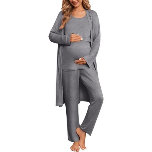 Ekouaer Nursing Pajamas Maternity Robe Set 3 Pieces Postpartum Maternity Pajama Set Pregnancy Breastfeeding Pj Grey XL