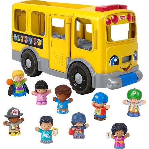 Fisher-Price Little People Big Yellow School Bus, Multilanguage | English, French, Spanish, Portuguese, Large Vehicle & Community Heroes Figures for Pretend Play, Ages 1+ Years