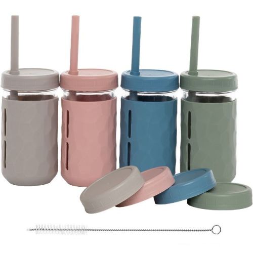 WeeSprout Glass Cups with Lids & Straws, Spill-Resistant Cups - 12 oz, Set of 4 (Matte Green, Pink, Blue and Light Grey)