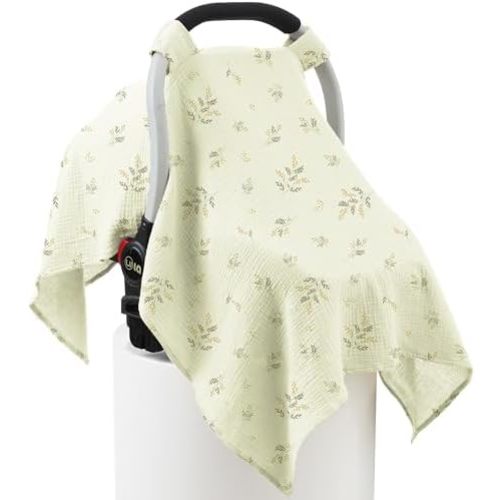 100% Muslin Cotton Car Seat Cover Baby, Carseat Canopy Cover, Universal Fit Stroller Covers for Boys and Girls (Green Beige Leaf)