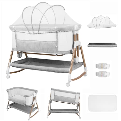 Bedside Baby Bassinet with Mosquito Net, 3 in 1 Rocking Bassinet with Wheels, 6 Height Adjustable, Easy Folding Portable Bedside Crib for Newborn Infant (Grey)