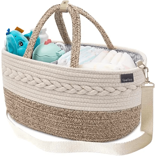 YeaYee Baby Diaper Caddy Organizer, Shoulder Strap Buckle, 4 Inner Pockets Portable Nursery Storage Basket with Detachable Compartments,100% Cotton Woven Bin (Small, Yellow)