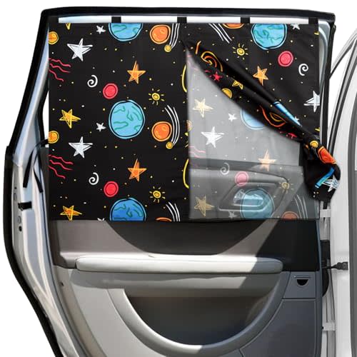 Car Window Shades, 2 Packs Magnetic Car Sun Shades for Baby, 2 Layers for Blackout/See Through Options Colorful Starry Pattern Side Window Curtain for Kids Heat/UV Blocker