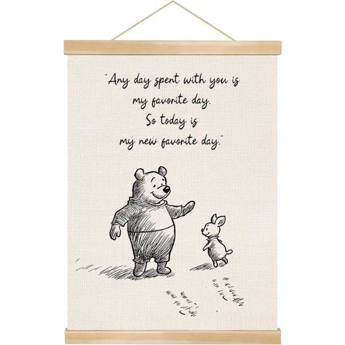 Little Bear the Pooh Quote Wall Art -Any Day Spent with You-Natural Linen Poster with Wooden Frame,Cute Hand-Drawn Print Poster for Nursery Playroom, Baby Shower Kids Room Decor,or Friendship Gift, 14 x 18.5 Inch