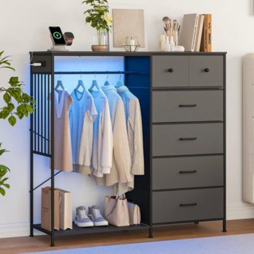 49.2" w Dresser with Hanging Rack & Lights, 6-Drawer Closet Organizer with Charging Station