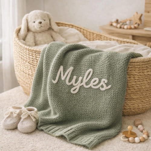 Personalized Knit Name Baby Blanket, Hand Embroidered Organic Cotton Blanket, Newborn Nursery Keepsake Gift, Custom Baby Blanket