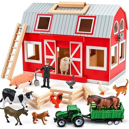 Wooden Barn Toys, Play Barn with 12 Animal Play Figures for 3+ Years Old, Toy Barn and Farm Animals，Wooden Barn Playset for Christmas Birthday Gift for Boys Girls