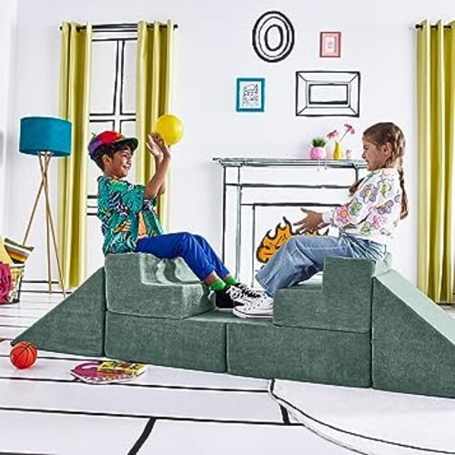 Yourigami Kids and Toddler Play Gym, Playroom Couch Set, Durable Modular Design, Green Meadows