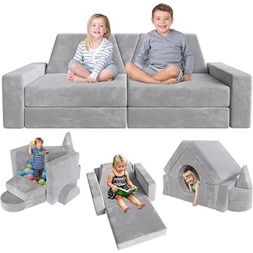 YEFU 15pcs Modular Kids Play Couch, Kids Couch for Toddler & Children, Toddler couches, Kid Couches Fort Building kit for Playroom Furniture, Kid Play Couches, Convertible Sofa for Boys & Girls, Grey