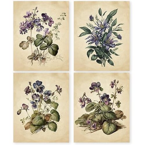 HRQKO Vintage Botanical Purple Flower Wall Art Poster Prints Set of 4, Floral Wall Decor, Wildflower Artwork Printing Wall Decor, Retro Floral Wall Art Prints for Living Room Bedroom 8”x10” Unframed