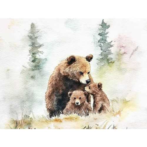 Brown Bear Painting Mama and Baby Watercolor Art Print Animal Wall Art Baby Bear Print Nursery Wall Decor Forest Landscape Art
