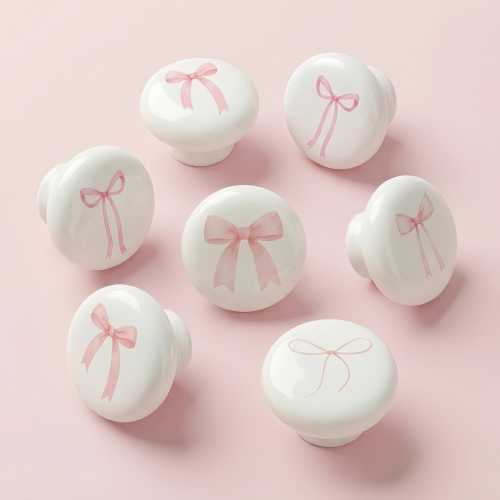Balletcore bow Ceramic Cabinet Drawer knob Baby Pink Bow dresser closet knobs handles Nursery Bow drawer cupboard knobs pull Kids Home Decor