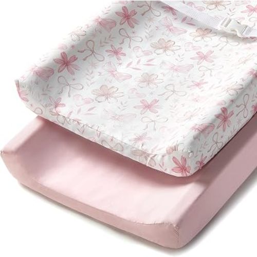 TILLYOU Changing Pad Cover Set in Soft Jersey Material - Fits 32"/34''x16 Contoured Pad for Babies, Pink Flower&Butterfly