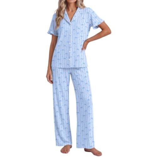 Ekouaer Pajamas for Women Set Button Up Soft Pjs Short Sleeve Lounge Sets