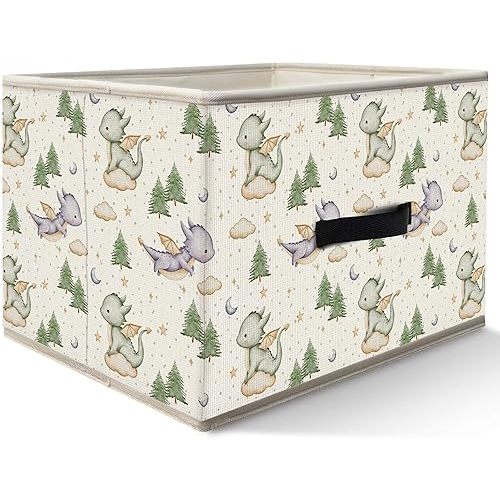 Nogrit Dinosaur Nursery Storage Bins Box, Toybox for Boys, Green and Purple Woods Dinosaur Foldable Baskets Organizer Container with Handles for Kids Boys Bedroom Bathroom Clothes Toys Books