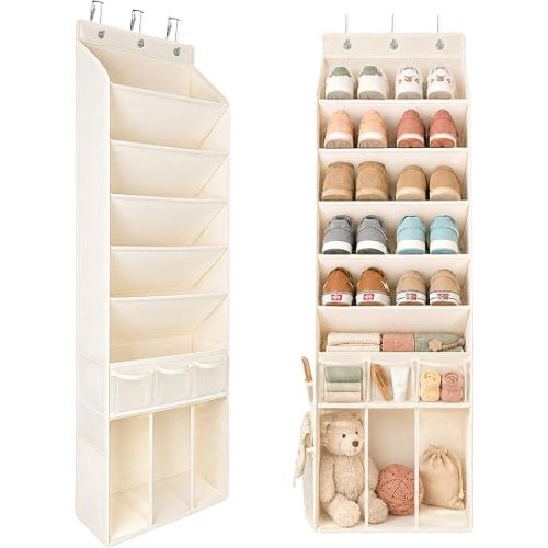 3in1 Over The Door Shoe Organizer with 5 Slanted Compartments,Removable Storage Bin & Transparent Pockets,Thickened Waterproof Oxford Fabric Shoes Rack for Shoes,Boots,Toys,Daily Essentials. (Beige)