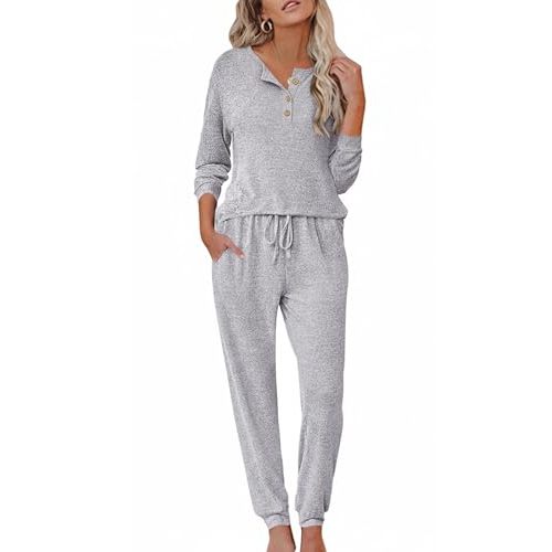 Ekouaer Womens Pajama Sets Long Sleeve Henley Neck Pj Sets Loungewear 2pcs | Polyester-rayon blend,henley neckline,functional button,elastic waistband,drawstring,Side pockets,sleepwear, loungewear.