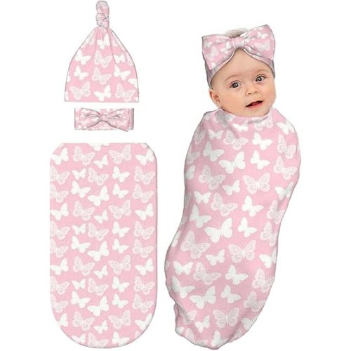 Butterfly Pink Baby Stuff Newborn Pink Swaddle Blanket with Beanie Hat and Headband Set,Baby Swaddle Blanket Gifts for Infant Shower Boys Girls
