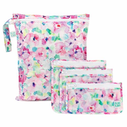 Bumkins - Waterproof Wet Bag & Clear Travel Bags - For Beach, Baby, Travel, Swim Suit, Cloth Diapers, Pump Parts, Pool, Gym, Toiletries - Reusable & Easy to Clean - Watercolor - 4 Pack