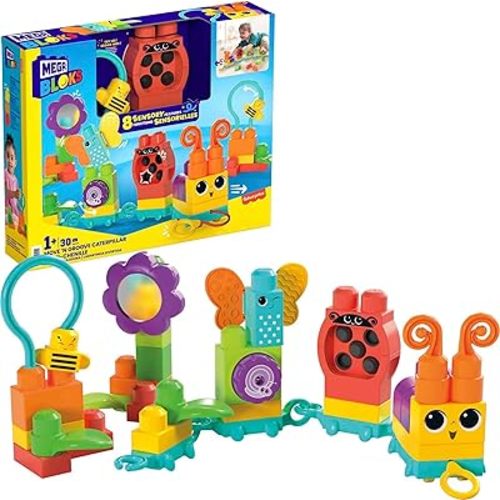 MEGA BLOKS Fisher-Price Toddler Building Blocks Toy Set, Move ‘n Groove Caterpillar Train with 24 Pieces, Ages 1+ Years