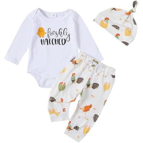 Chicken Baby Clothes Baby Girls Funny Letter Romper Chicken Fabric Flare Trousers Heaband Set Country Farm Baby Stuff