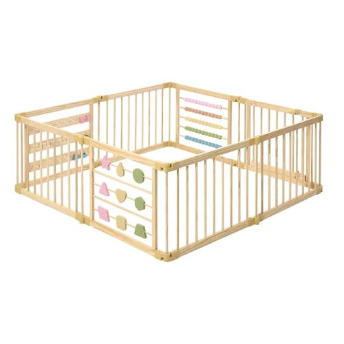 ZETY Natural Wood Baby Playpen, 8 Panel Foldable Play Yard, Door & Toys