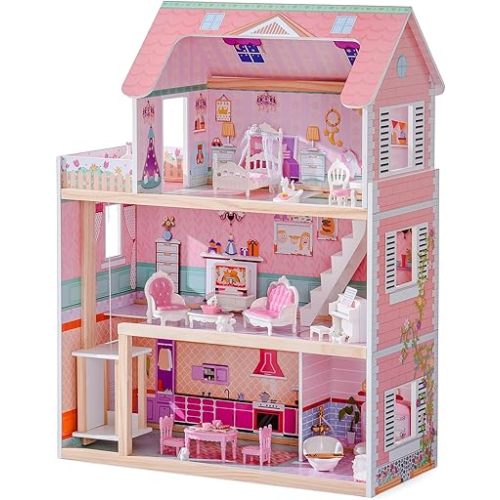 ROBUD Wooden Dollhouse, Doll House Playset with 24-pcs Exquisite Accessories, Working Elevator, Gift for Ages 3+