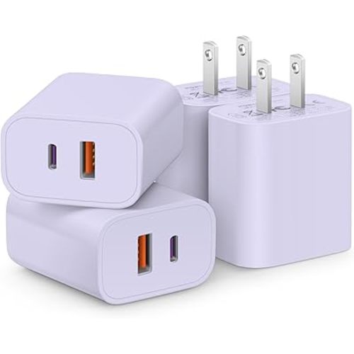 [4 Pack] USB C Charger Block Fast Charging Multiport Adpater [PD 20W USB-C & QC 3.0 USB-A Port] for i Phone 17/16/15/14/13/12/11/X/8, i Pad, Galaxy, Google, Galaxy & More [Purple]