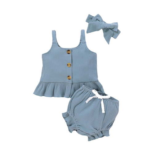 HBYJLZYG Infant Baby Girls Ruffles Sleeveless Strap Tops+Shorts+Headband Outfits，Solid Color Baby Clothes 3-6 Months