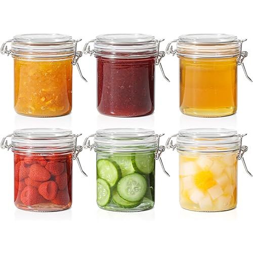 ComSaf 8oz Small Airtight Glass Jars Set of 6 with Lid Food Storage Jar Round, Mini Storage Container with Clear Preserving Seal Wire Clip Fastening for Kitchen Canning, Jam, Spice, Honey, Mason Jars