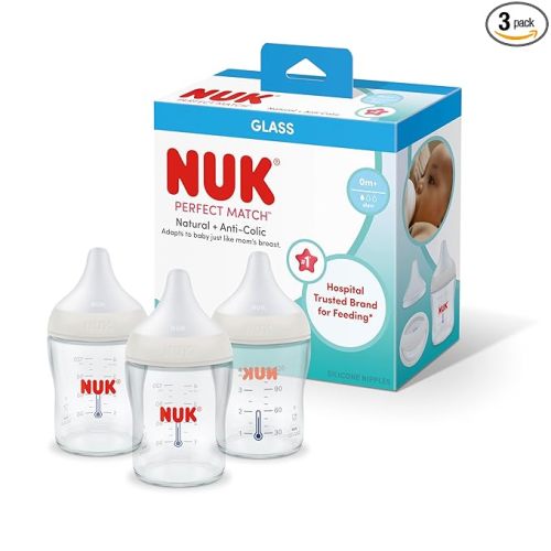 NUK Perfect Match Glass Natural + Anti-Colic Bottle, 4 oz. Glass Baby Bottles with SafeTemp Temperature Indicator, Newborn Essentials, 3-Pack