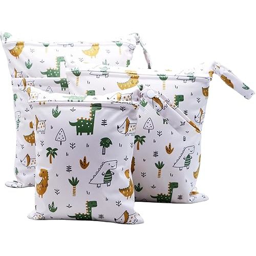 3pcs Cloth Diaper Wet Dry Bags Waterproof Reusable with Two Zippered Pockets Travel Beach Pool Daycare Soiled Baby Items Yoga Gym Bag for Swimsuits or Wet Clothes (3036-3-greendinosaur)