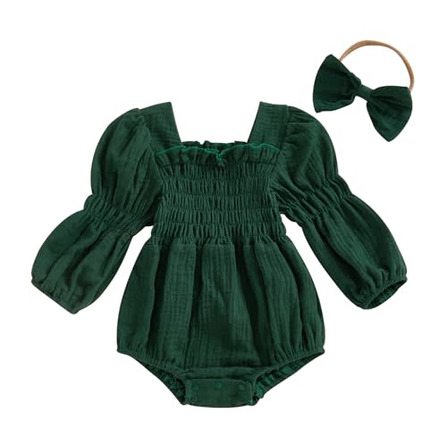 Kavousa Smocked Baby Girl Clothes Newborn Girl Bubble Romper Long Sleeve Jumpsuit And Headband Outfit Cute Infant Clothing