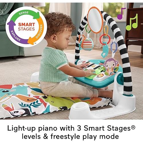 Fisher-Price Baby Playmat Glow and Grow Kick & Play Piano Gym, Blue Musical Learning Toy with Developmental Activities for Newborns 0+ Months