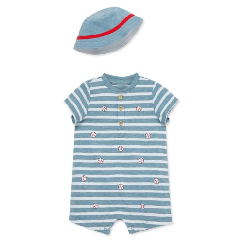 Baseball Stripe Romper & Bucket Hat Set, 9M