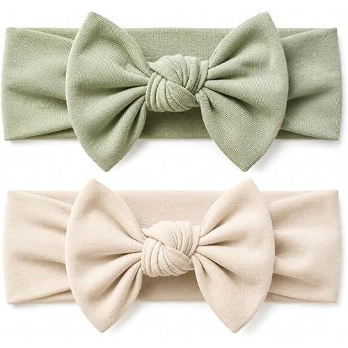 Baby Girl Headbands-Infant,Toddler Cotton Handmade Hairbands with Bows Child Hair Accessories (2, Light Beige-Linden Green, 3-36 Month)