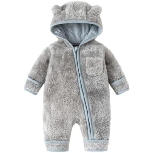 Newborn Baby Boys Girls Bear Hooded Fleece Snowsuit