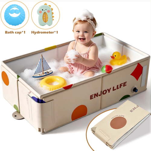 Wonderstone Portable Foldable Bathtub, Rectangle Baby Shower Tub with Drainage Design, Beach Vacation Travel Essentials for 1-3 Kids Toddler (off-White)