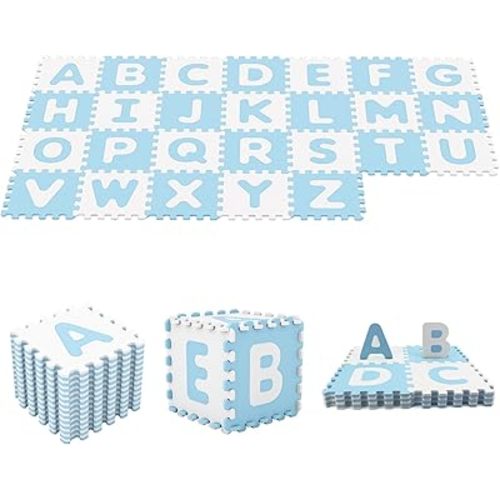 HONEY JOY Foam Floor Tiles for Kids, 12.5” x 12.5” EVA 26-Piece Interlocking Alphabet Puzzle Play Mat, Non-Slip Large Soft Carpet Rug, Easy to Clean, for Baby Crawling Exercise, Playroom (Blue)