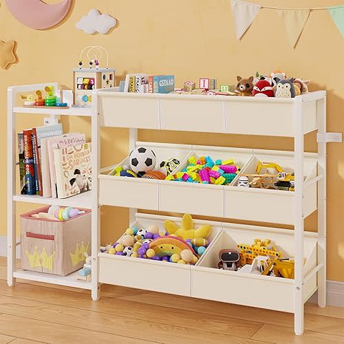 B7 Toy Storage Organizer with 3-Tier Wooden Shelves and 8 Bins, Toy Chest Storage, Toy Shelf Organizer, Kids Bookshelf and Toy Storage for Kids Room, Bedroom, Playroom, Nursery, White