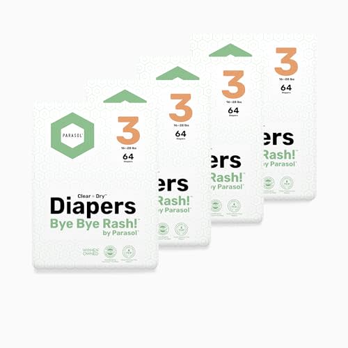 Parasol Clear+Dry Disposable Diapers, RashShield Protection and Leak-Control Fit, Hypoallergenic Diapers, Size 3 (16-28 lbs), 256 Count