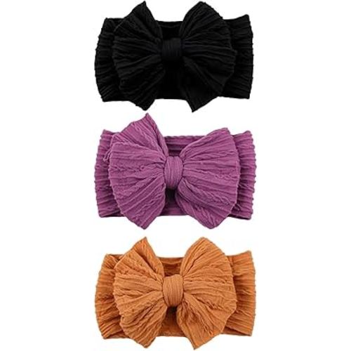3 Pcs Halloween Baby Bows Headbands Soft Nylon Hairbands Super Elastic Headband Hair Accessories For Baby Girls Infant Toddler Essentials (Black Purple Orange, Mid)