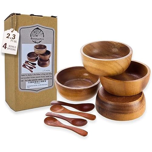 Set of 4 Small Round Acacia Wooden Bowls 2¾ Inch Diameter 1½" High With Spoons - Stackable Mixing Bowl Salad Soup Snack Dip Sauce Charcuterie Wood Tableware Sets for Decor and Serving