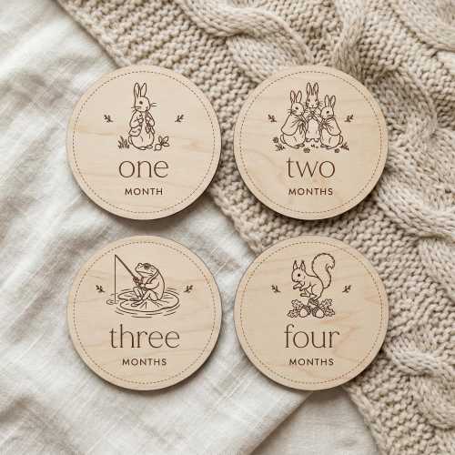 Wooden Peter Rabbit Milestone Markers: Engraved Baby Monthly Photo Discs