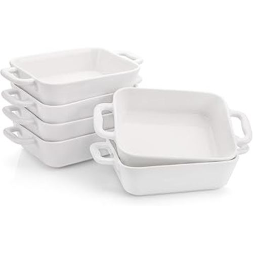 6 Pieces Bakeware Set, White Porcelain Souffle Dishes Creme Brulee Ramekins, 6-1/4 x 4-3/4 inch Rectangular Baking Pans with Double Handles