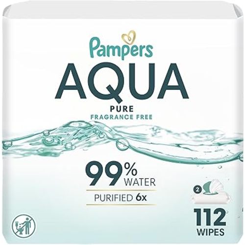 Pampers Aqua Pure Baby Wipes, 99% Water, Fragrance Free, 112 Baby Wipes Total (2X Flip-Top Packs) [Packaging May Vary]