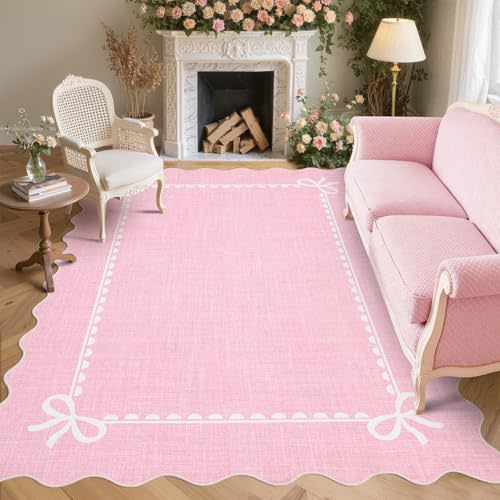 GarveeHome Scalloped Bow Rug 8x10 Washable Pink Rug for Bedroom Living Room | Non Slip Soft Low Pile Indoor Large Carpet for Nursery Girls Bedroom Decor Hallway Kids Room College Dorm Playroom