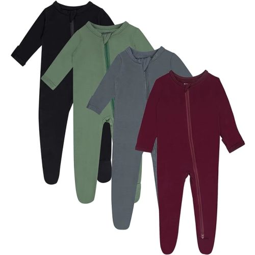 Rayon Baby Footed Pajamas with Mitten Cuffs, 2 Way Zipper Long Sleeve Sleepers 4-pack - 0-3 Months - Black-green-sliver Grey-maroon