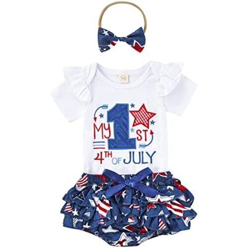 FIOMVA My First 4th of July Outfit Baby Girl Letter Romper Onesie+Star Skirt Shorts Bloomers Set Memorial Day Clothes Summer